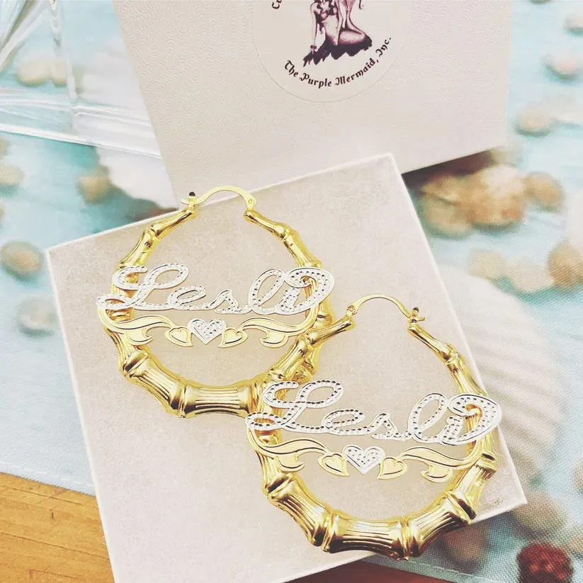 Bamboo Name Hoop Earrings - Frosted Name and Heart