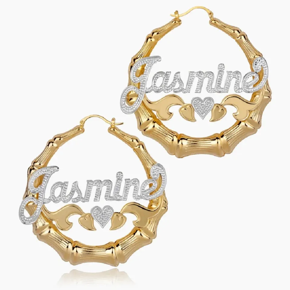 Bamboo Name Hoop Earrings - Frosted Name and Heart