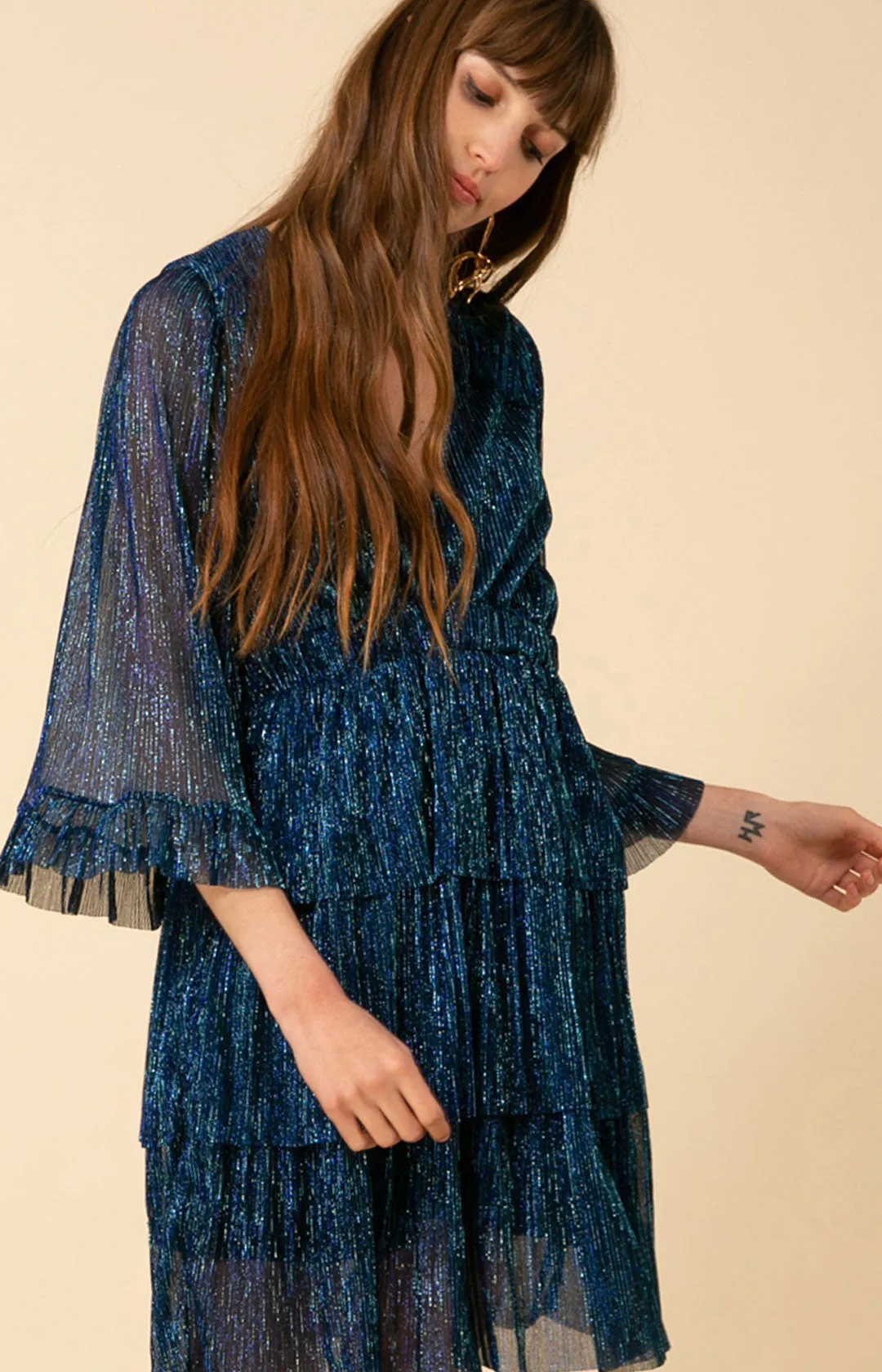 Gabrielle Tiered Lurex Crinkle Mesh Dress