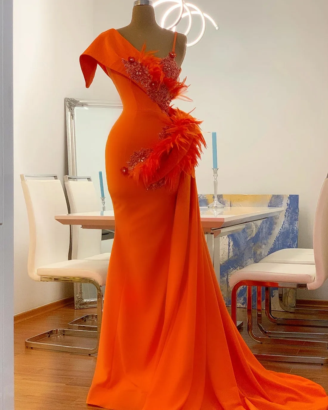 Grace Beautiful Feathers Orange Evening Dress