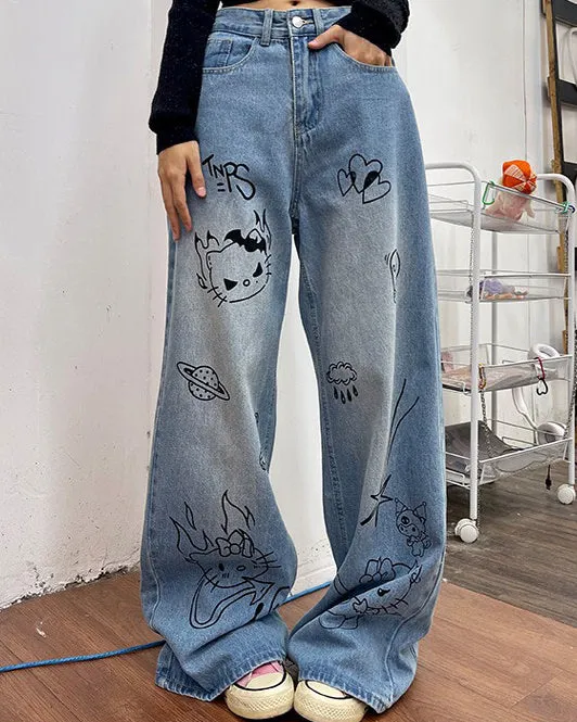 Grunge Aesthetic Cat Jeans in Blue