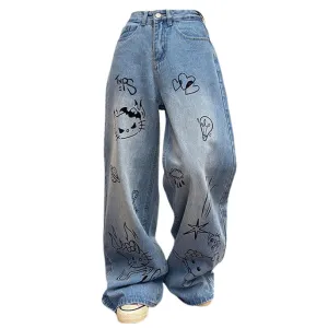 Grunge Aesthetic Cat Jeans in Blue