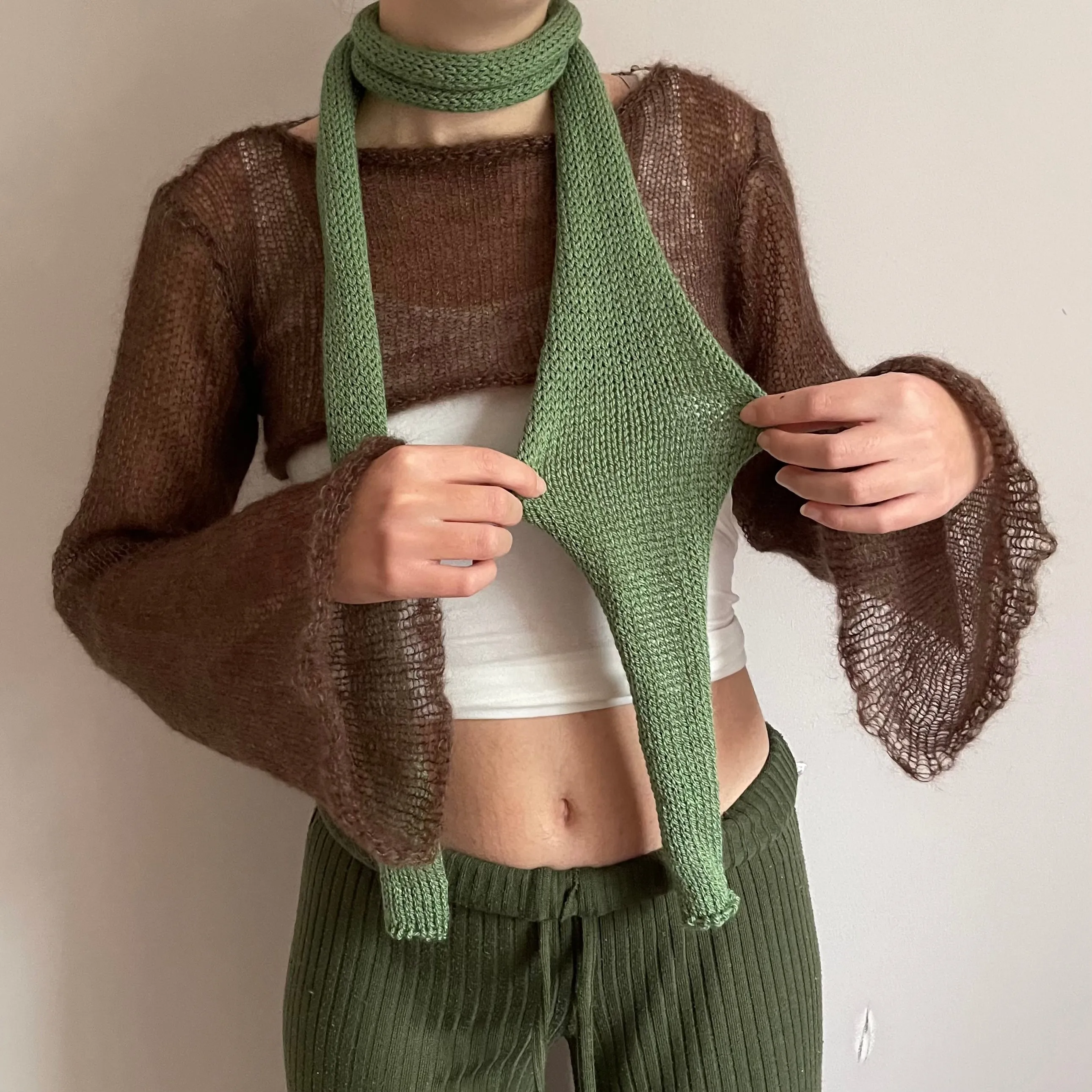 Handmade knitted skinny scarf in sage green