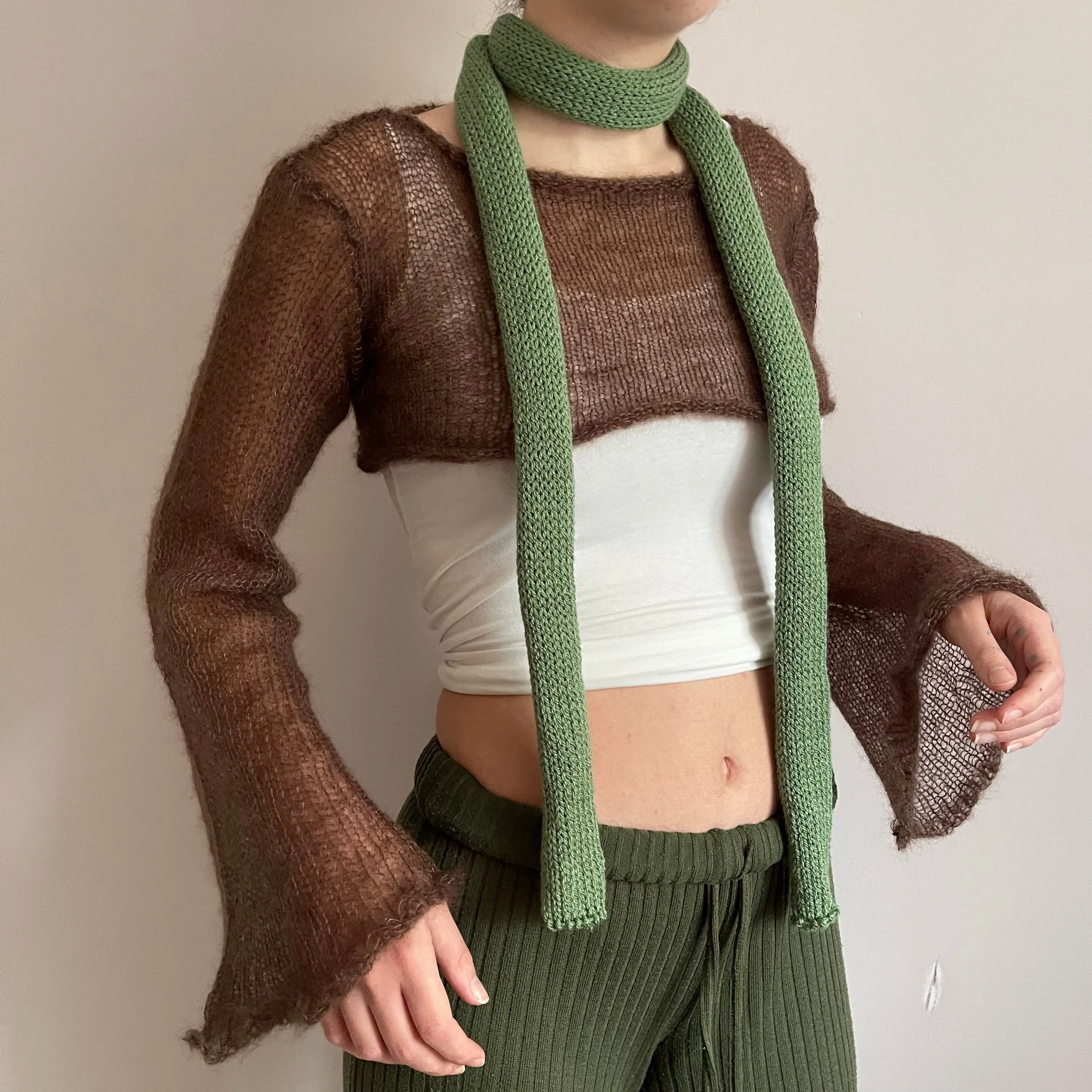 Handmade knitted skinny scarf in sage green
