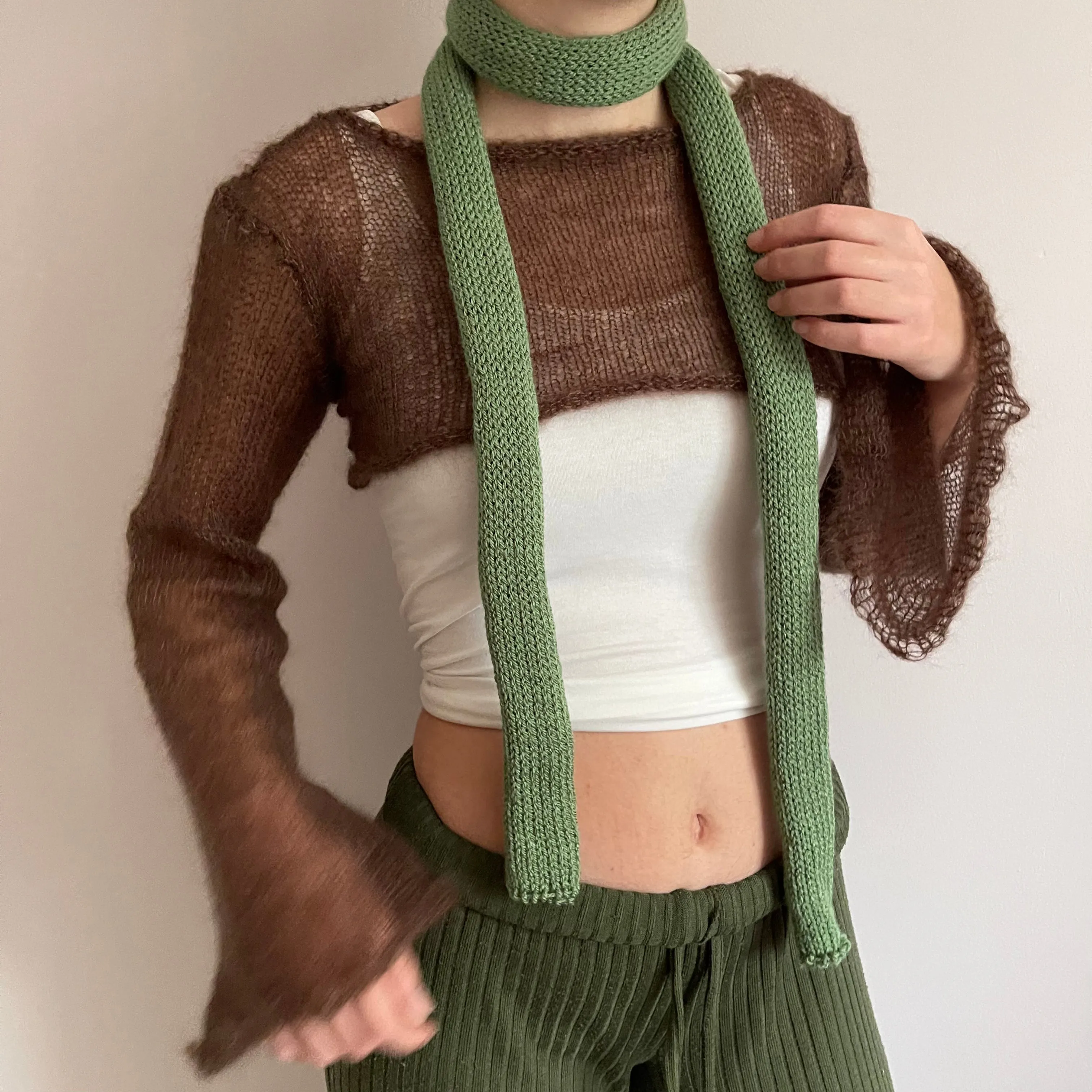 Handmade knitted skinny scarf in sage green