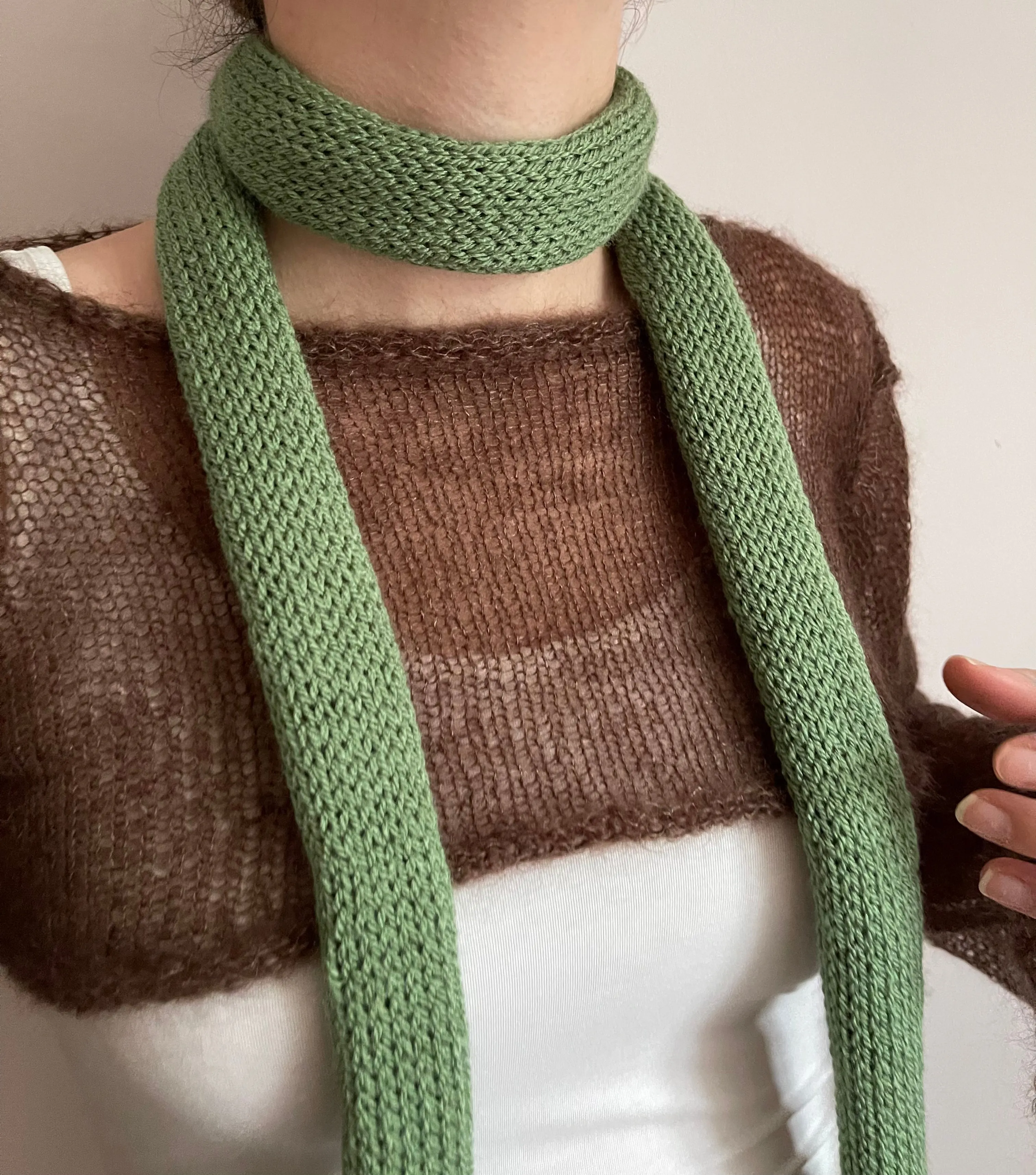 Handmade knitted skinny scarf in sage green