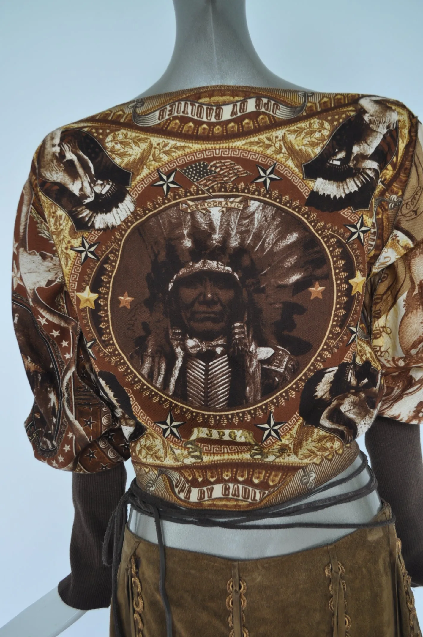 Jean Paul Gaultier top with Sheriff and indian  print Gaultier jeans collection