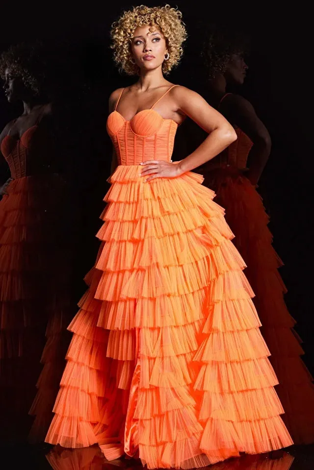 Jovani 38277 Long Prom Dress Corset A-line Tulle Layered Skirt High Slit Formal Pageant Gown