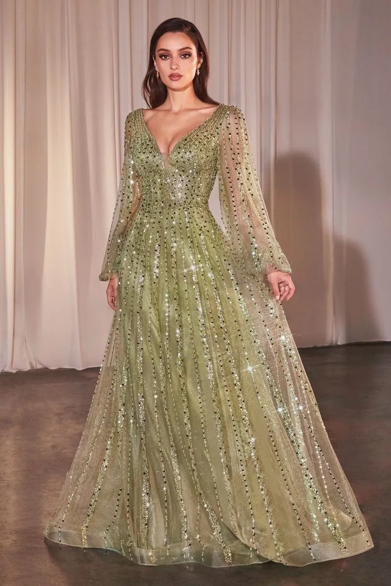 Ladivine CD0240 Long Sleeve A Line Beaded Dress