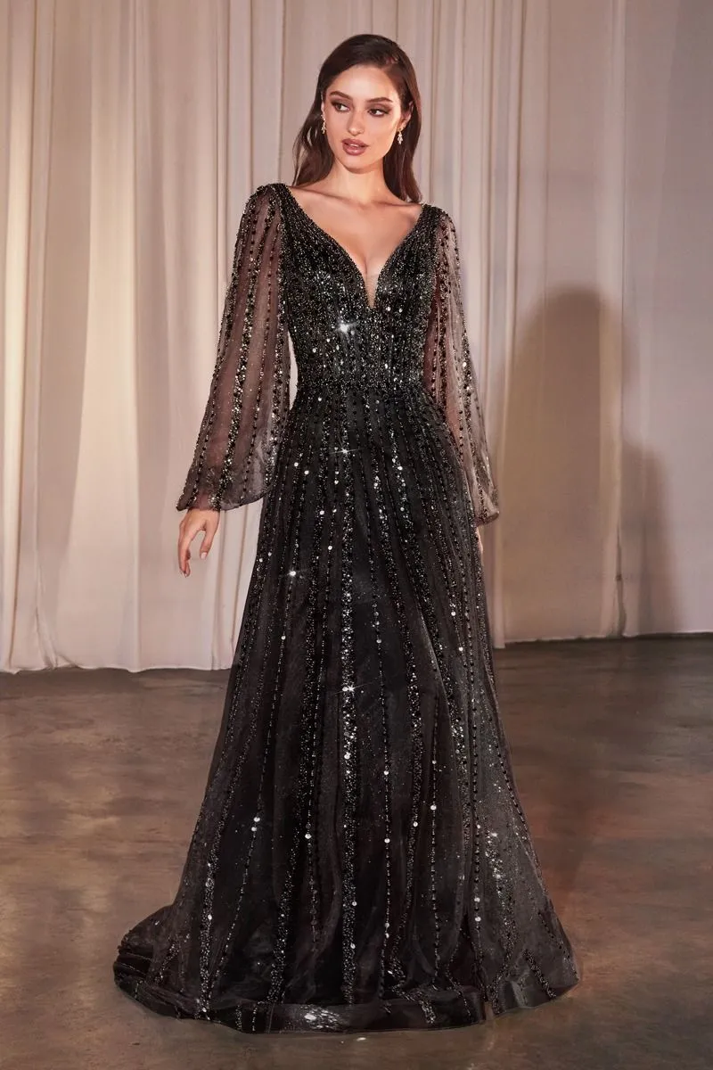 Ladivine CD0240 Long Sleeve A Line Beaded Dress