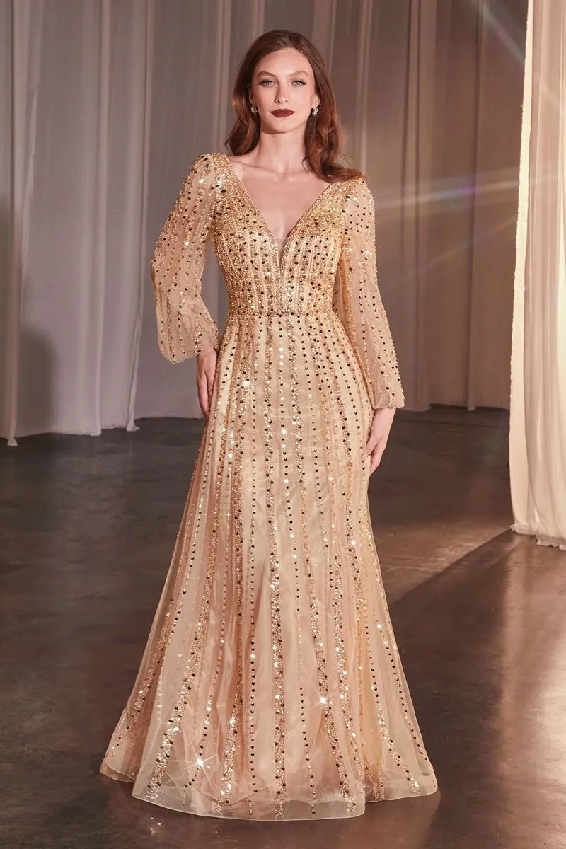 Ladivine CD0240 Long Sleeve A Line Beaded Dress
