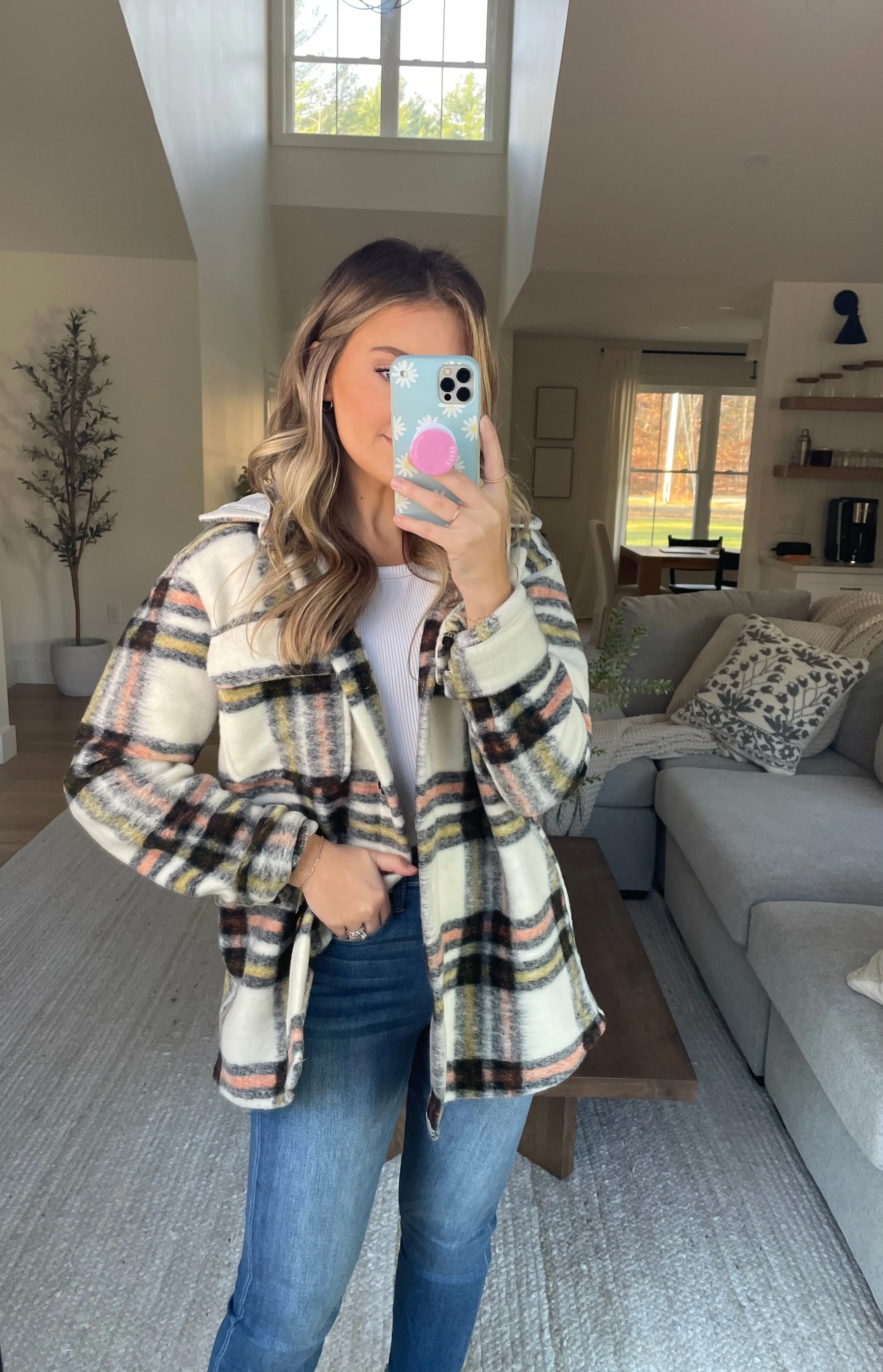 One And Only Hoodie Plaid Shacket // Cream Rust