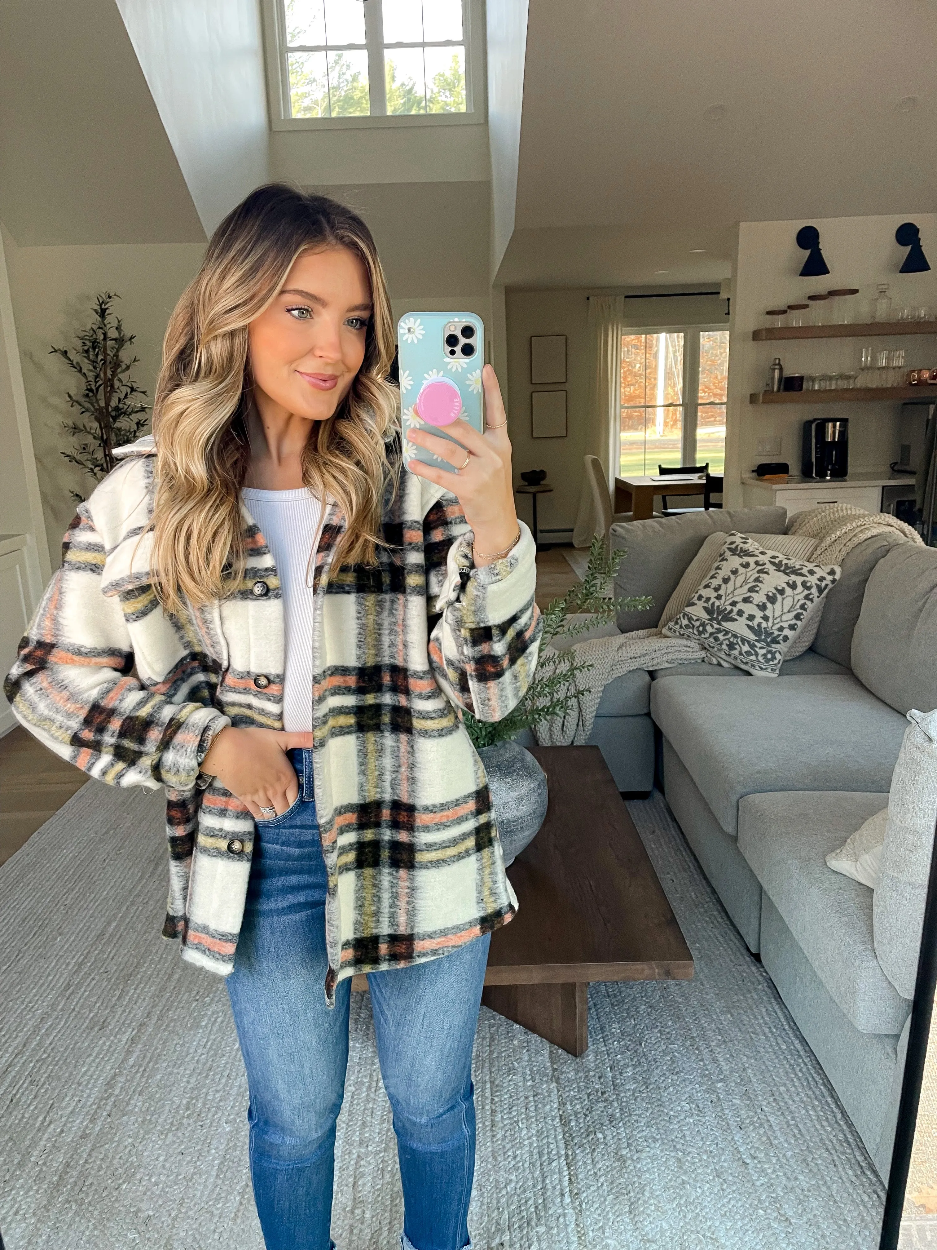 One And Only Hoodie Plaid Shacket // Cream Rust