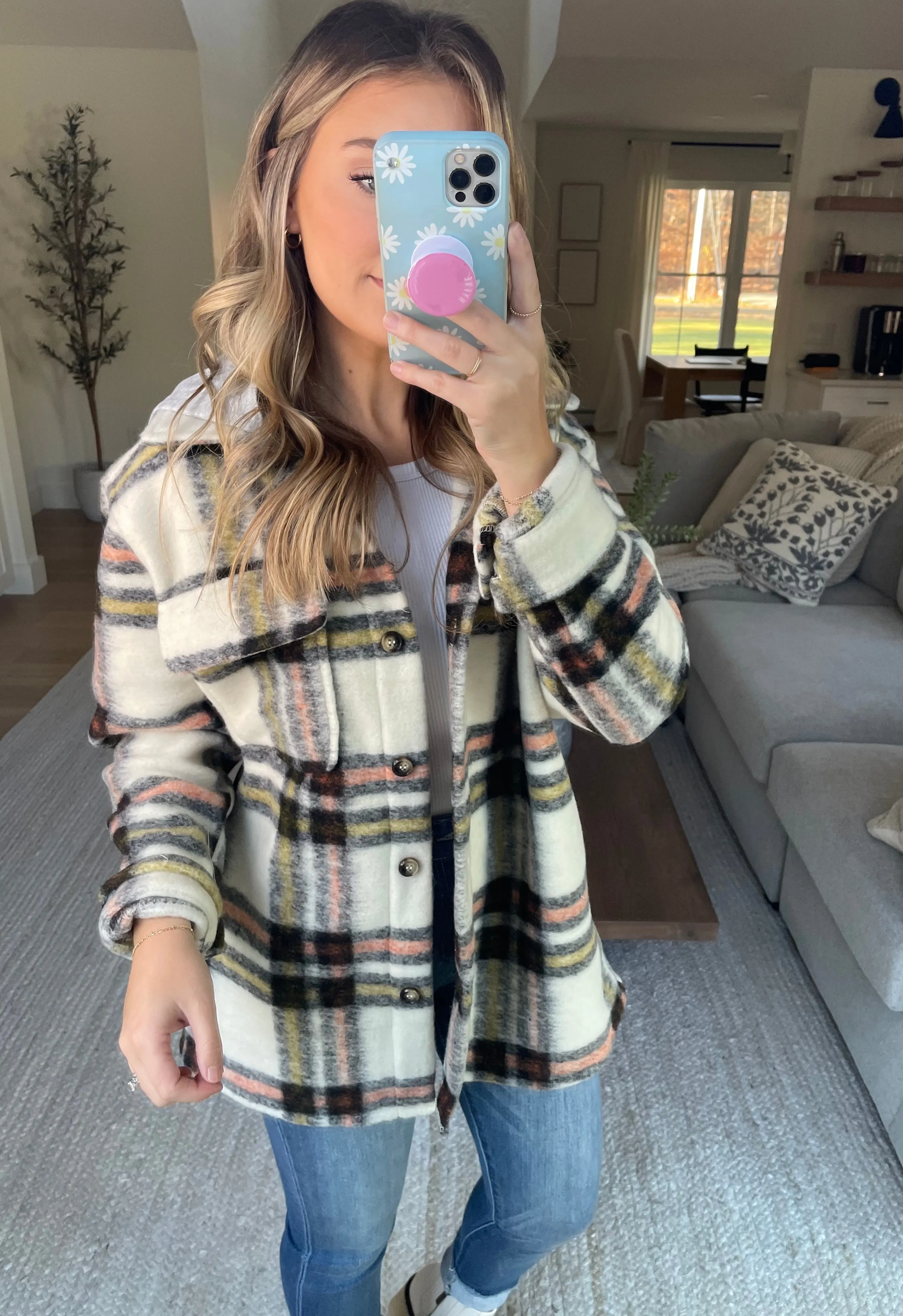 One And Only Hoodie Plaid Shacket // Cream Rust