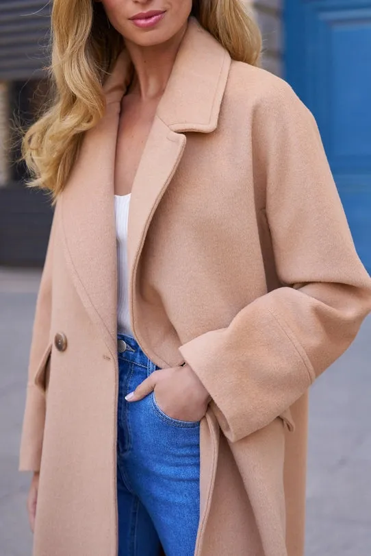 Oversized Plain Coat with Wool Beige