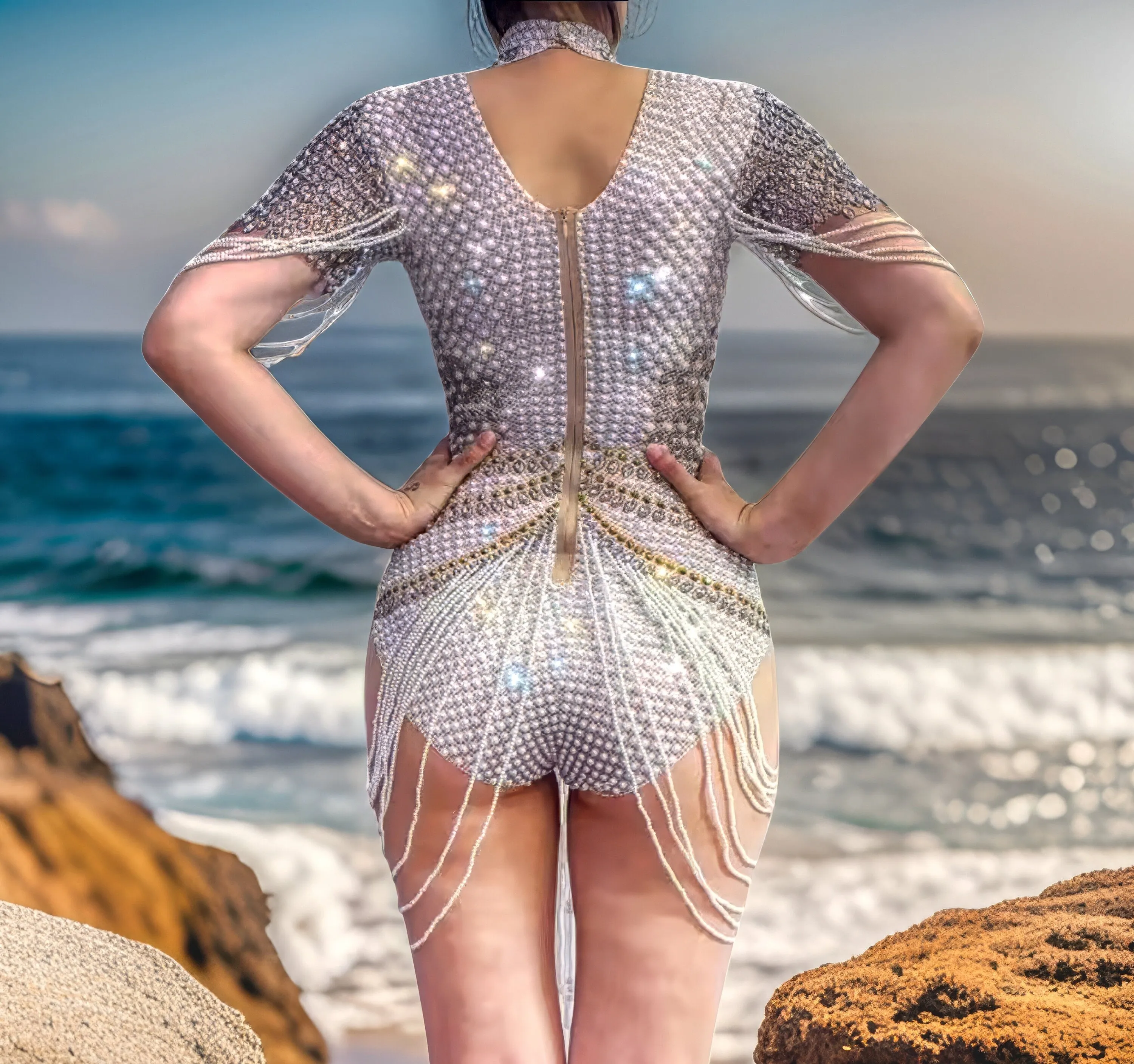 Pearl Rhinestone Bodysuit w3058