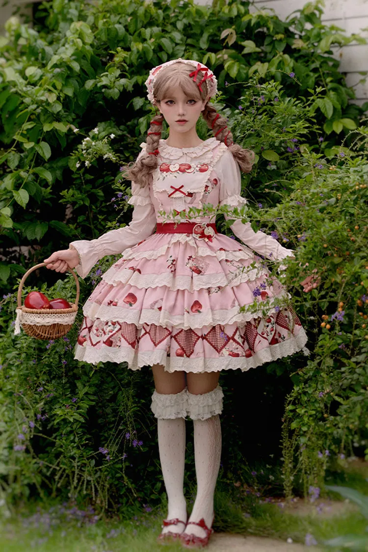 Pink Triple-Layered [Apple Orchard] Print Ruffle Embroidery Sweet Lolita Short Skirt