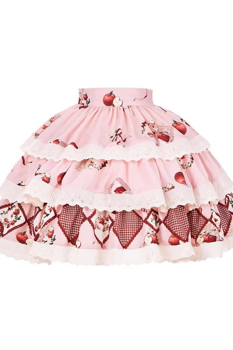 Pink Triple-Layered [Apple Orchard] Print Ruffle Embroidery Sweet Lolita Short Skirt