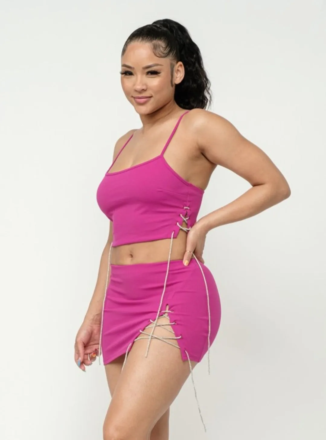 "No Rules" Criss Cross Side Shoe String Top & Skirt Set.