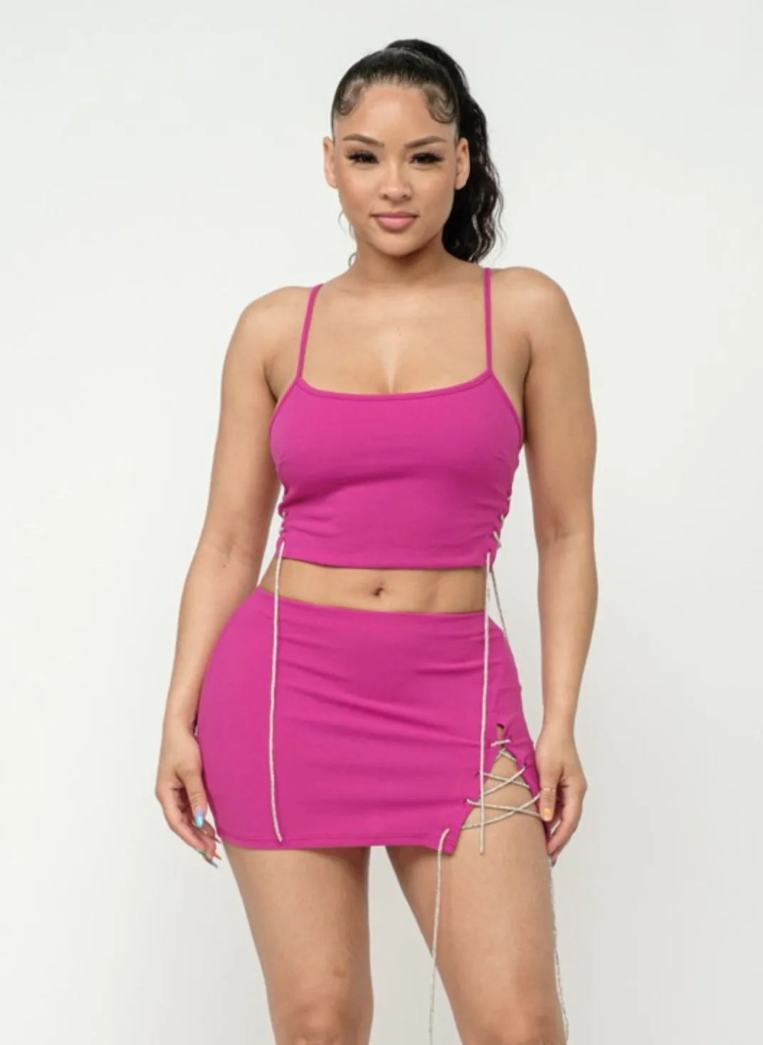 "No Rules" Criss Cross Side Shoe String Top & Skirt Set.