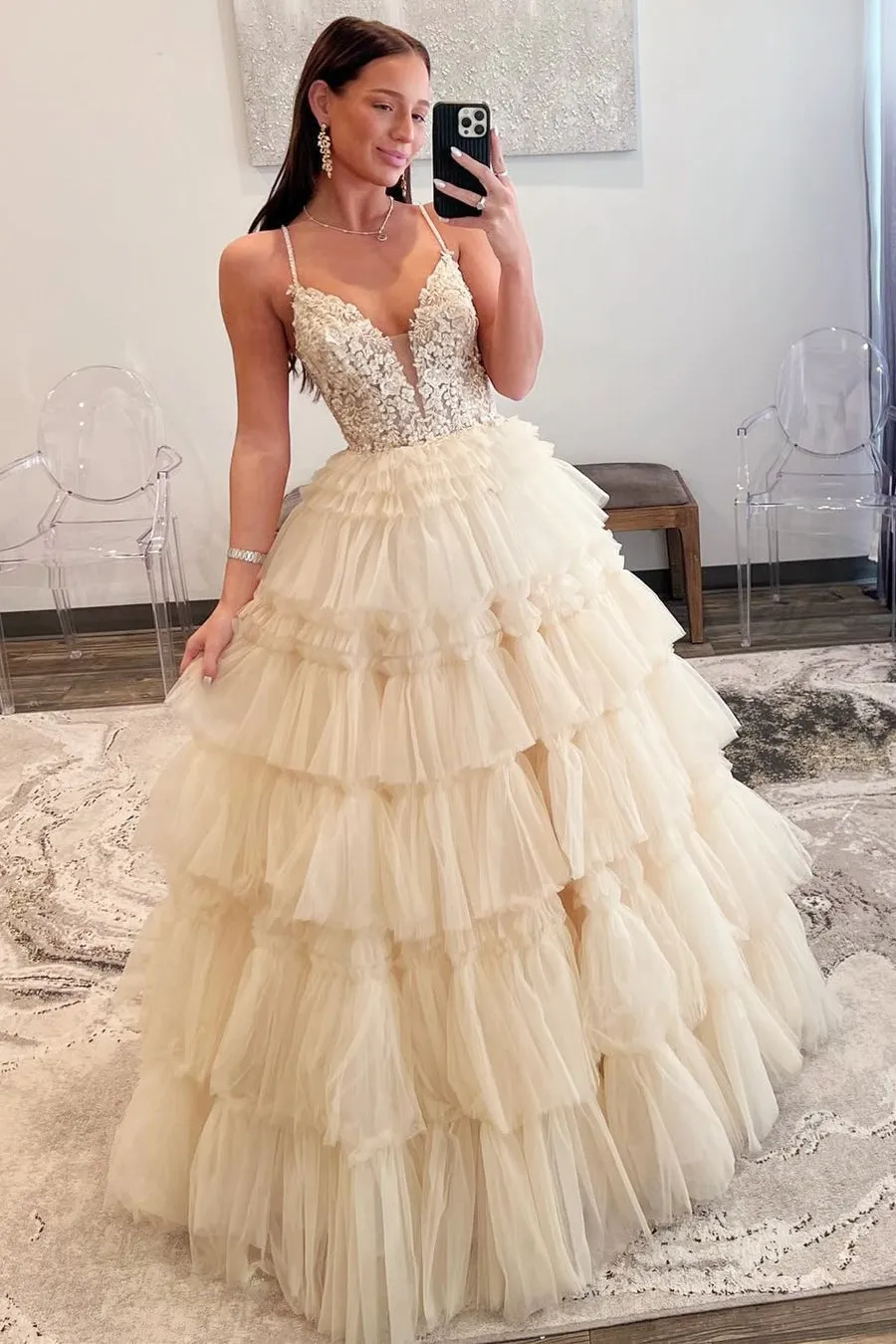 Straps Plunging Sleeveless Ruffle Tiered Cupcake Tulle Long Ball Gown, Beaded Lace