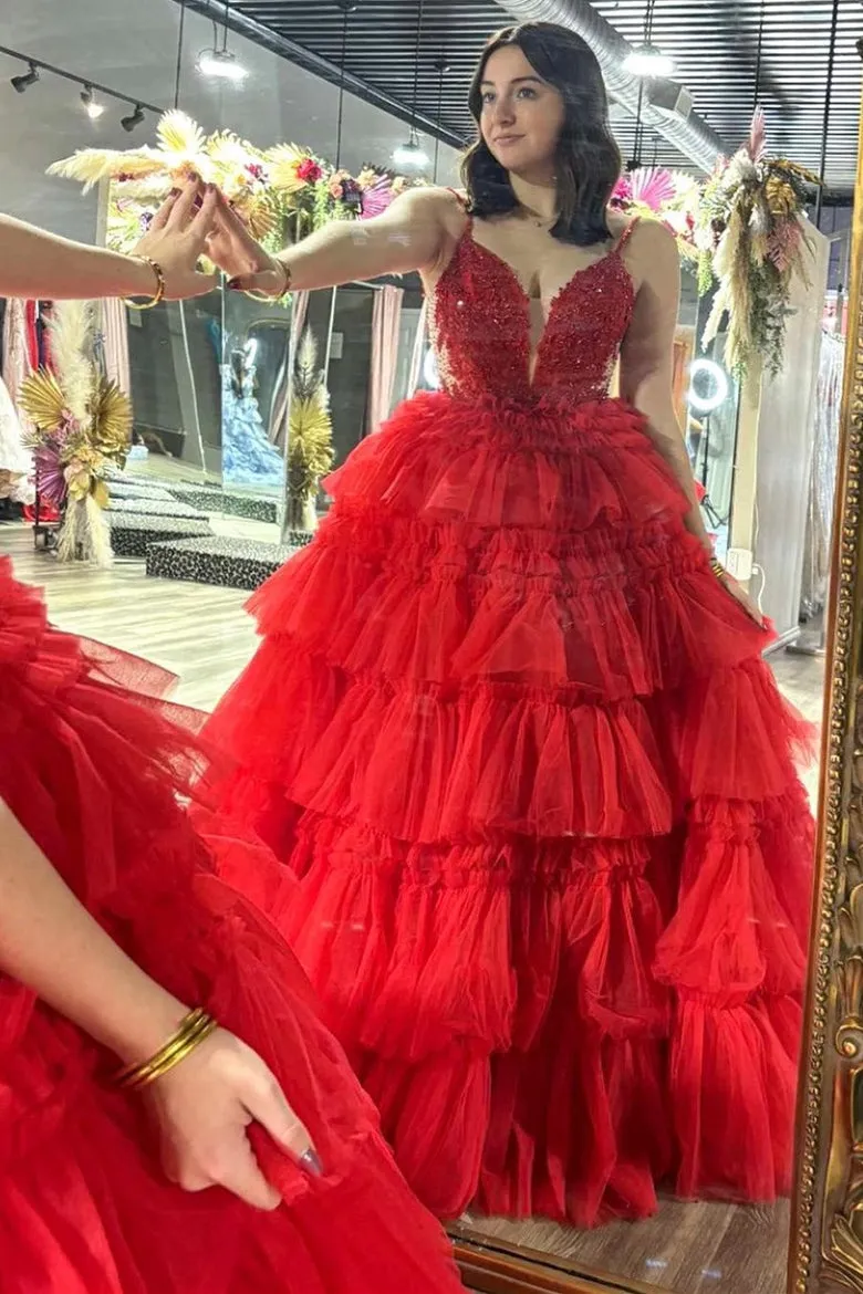 Straps Plunging Sleeveless Ruffle Tiered Cupcake Tulle Long Ball Gown, Beaded Lace
