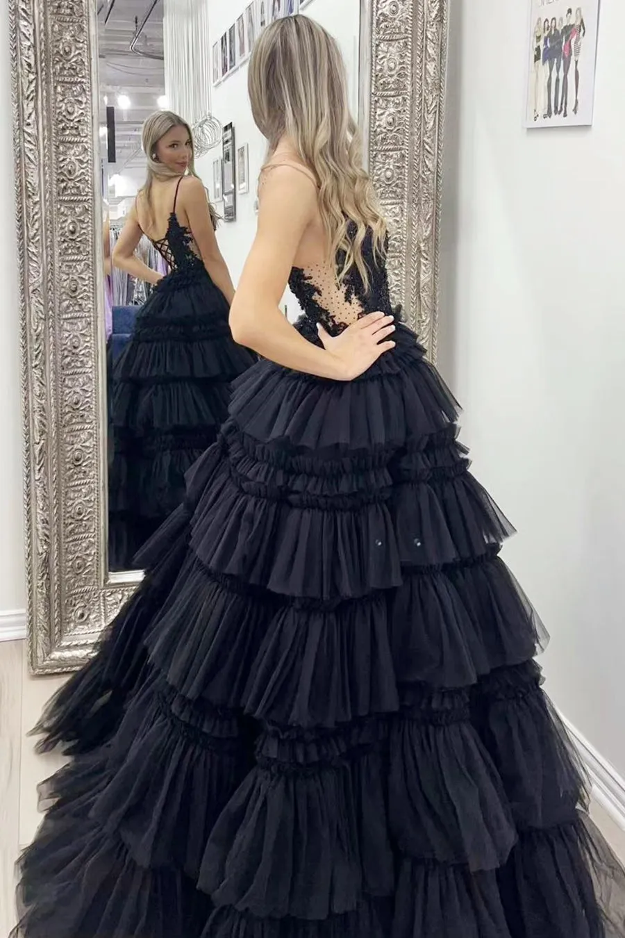 Straps Plunging Sleeveless Ruffle Tiered Cupcake Tulle Long Ball Gown, Beaded Lace
