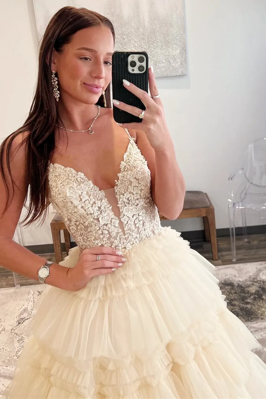 Straps Plunging Sleeveless Ruffle Tiered Cupcake Tulle Long Ball Gown, Beaded Lace