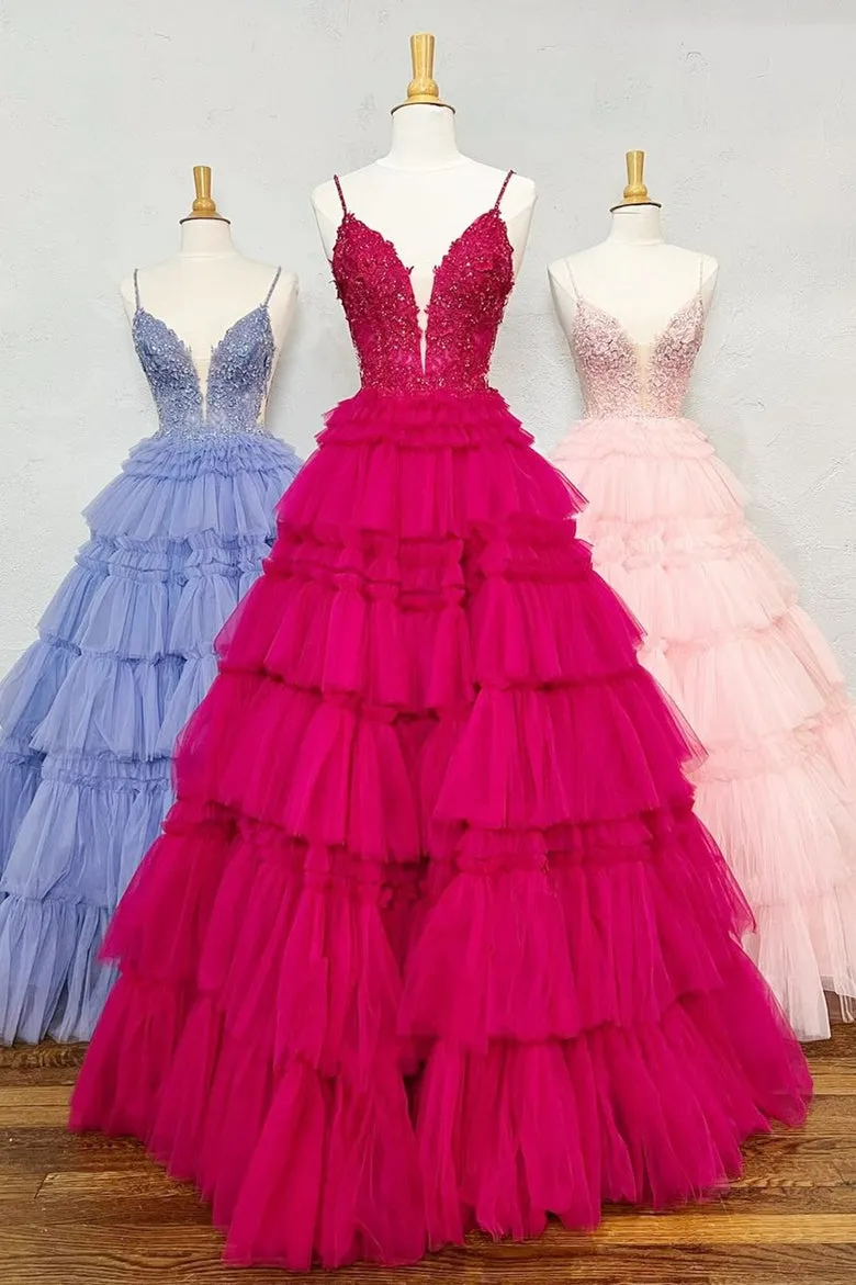 Straps Plunging Sleeveless Ruffle Tiered Cupcake Tulle Long Ball Gown, Beaded Lace