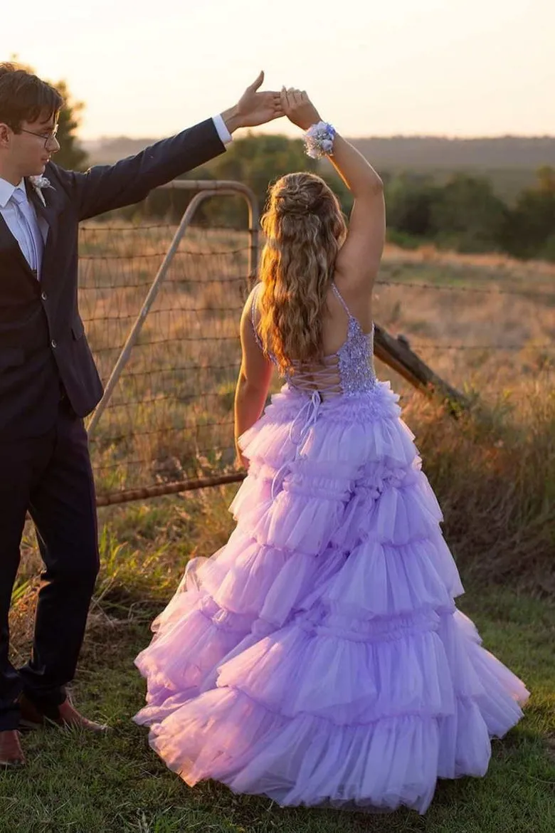 Straps Plunging Sleeveless Ruffle Tiered Cupcake Tulle Long Ball Gown, Beaded Lace