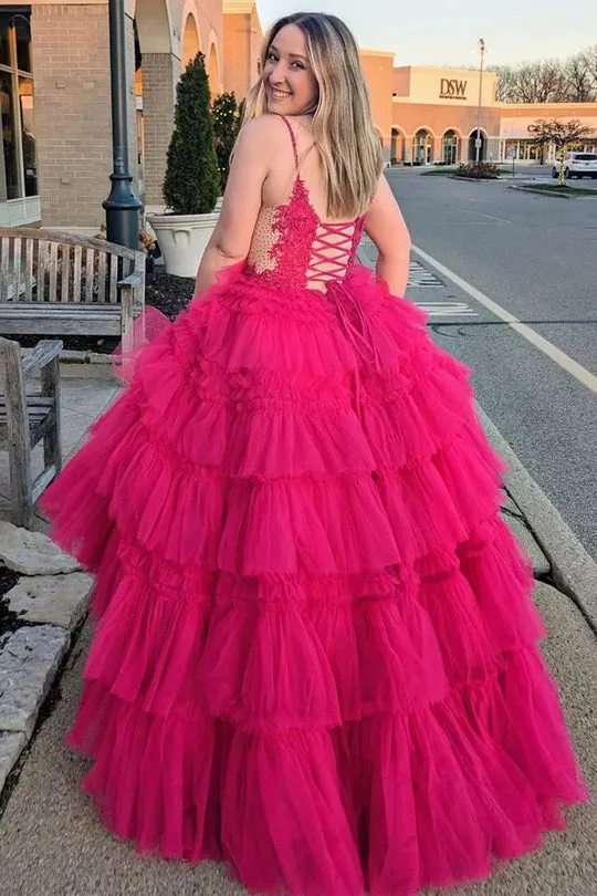 Straps Plunging Sleeveless Ruffle Tiered Cupcake Tulle Long Ball Gown, Beaded Lace