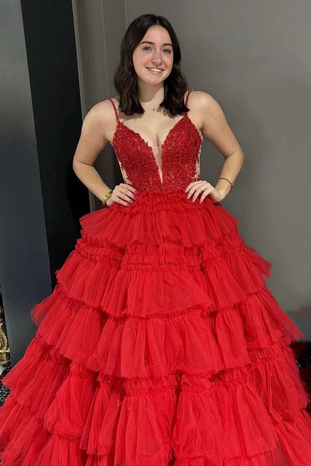 Straps Plunging Sleeveless Ruffle Tiered Cupcake Tulle Long Ball Gown, Beaded Lace