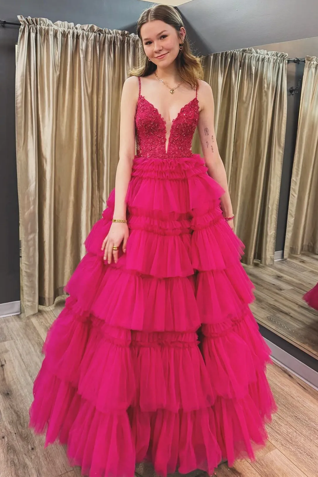 Straps Plunging Sleeveless Ruffle Tiered Cupcake Tulle Long Ball Gown, Beaded Lace