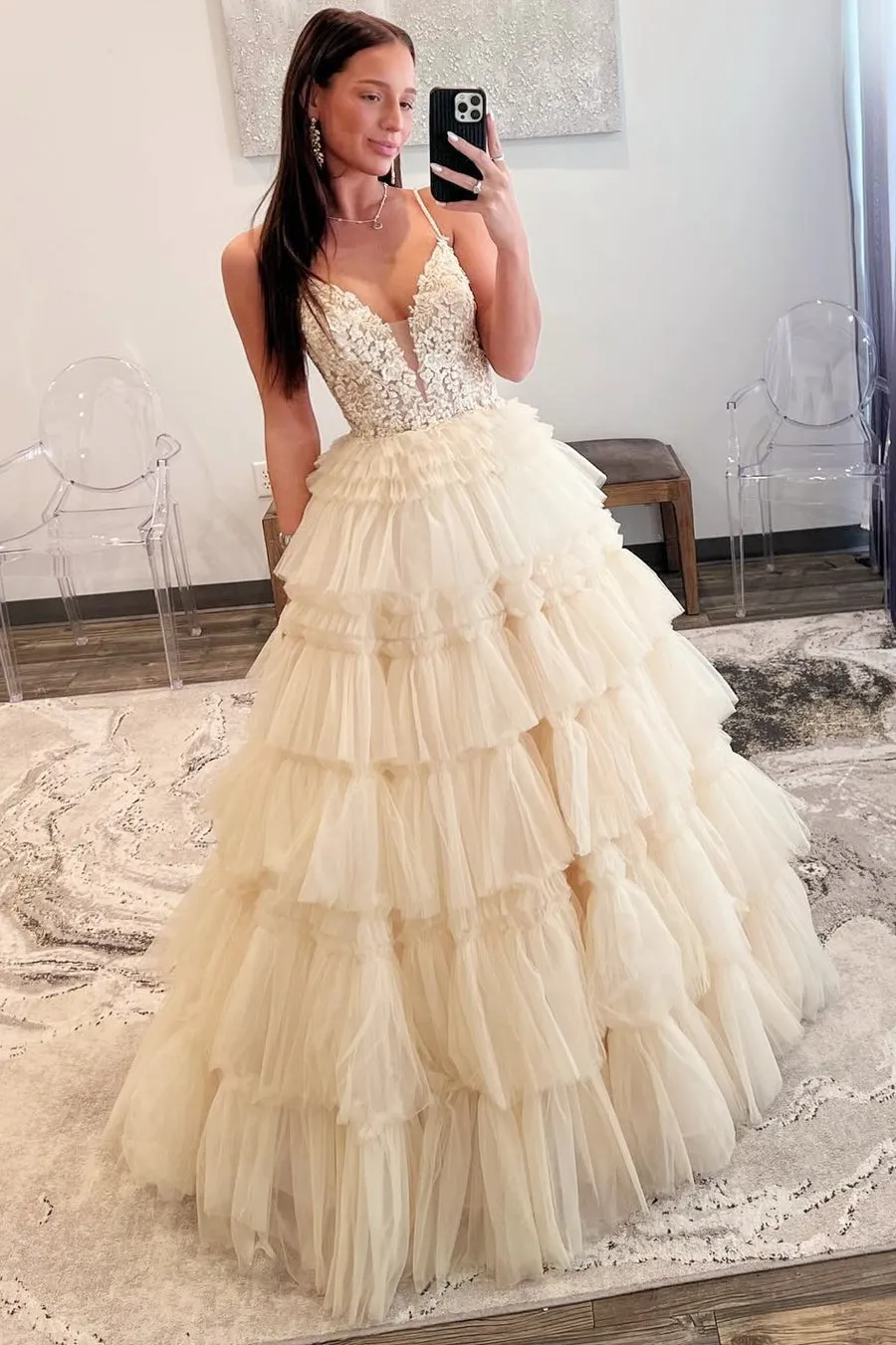 Straps Plunging Sleeveless Ruffle Tiered Cupcake Tulle Long Ball Gown, Beaded Lace