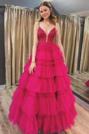 Straps Plunging Sleeveless Ruffle Tiered Cupcake Tulle Long Ball Gown, Beaded Lace