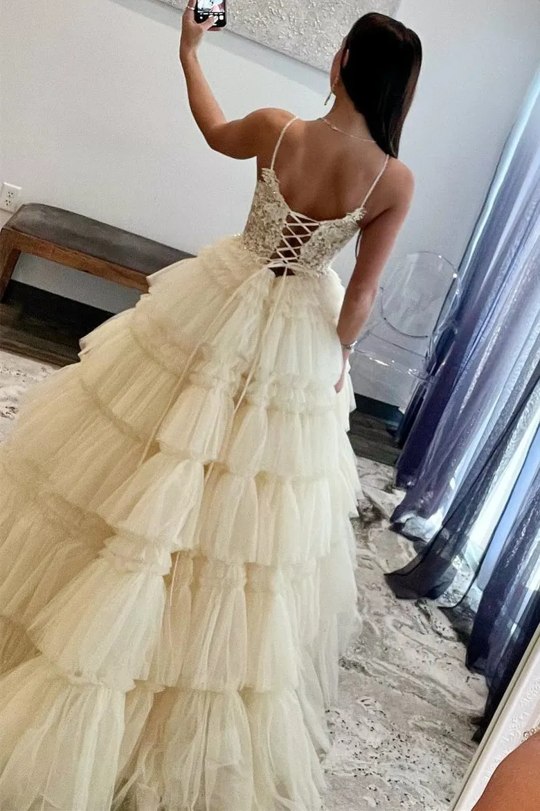 Straps Plunging Sleeveless Ruffle Tiered Cupcake Tulle Long Ball Gown, Beaded Lace