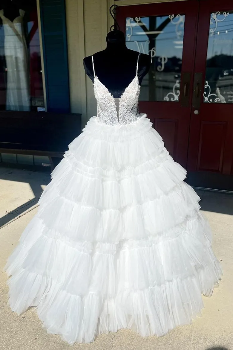 Straps Plunging Sleeveless Ruffle Tiered Cupcake Tulle Long Ball Gown, Beaded Lace