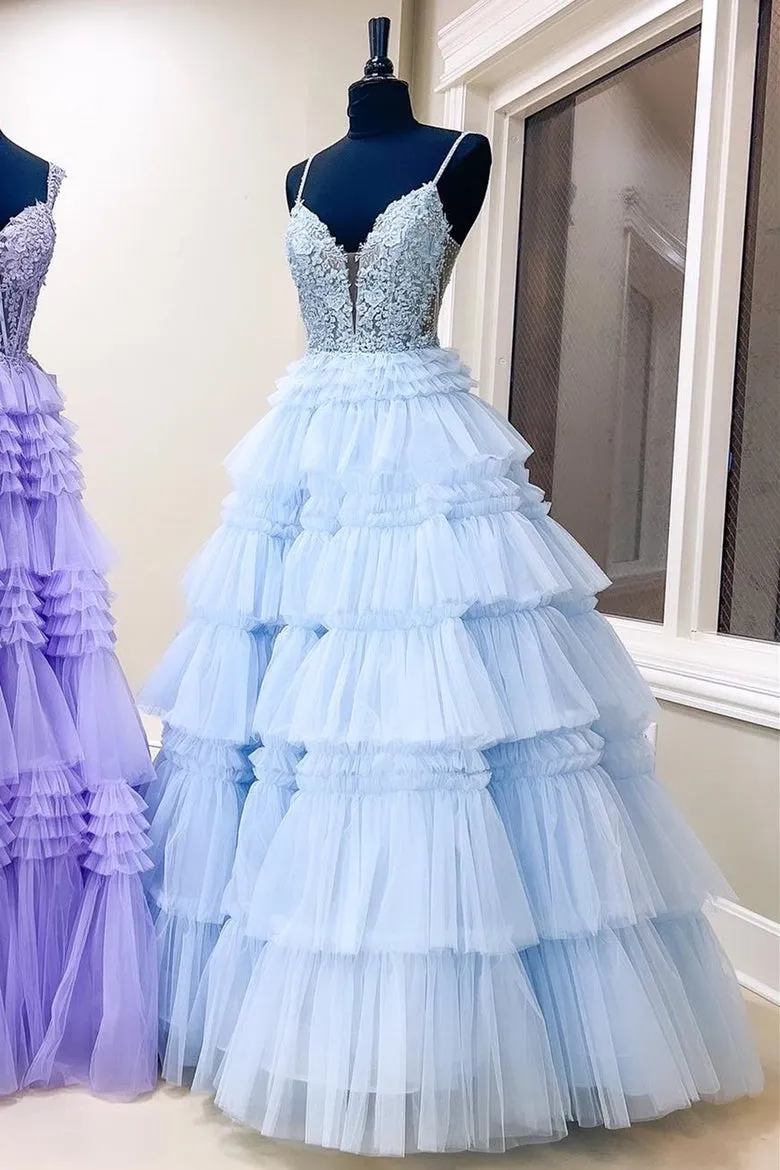 Straps Plunging Sleeveless Ruffle Tiered Cupcake Tulle Long Ball Gown, Beaded Lace