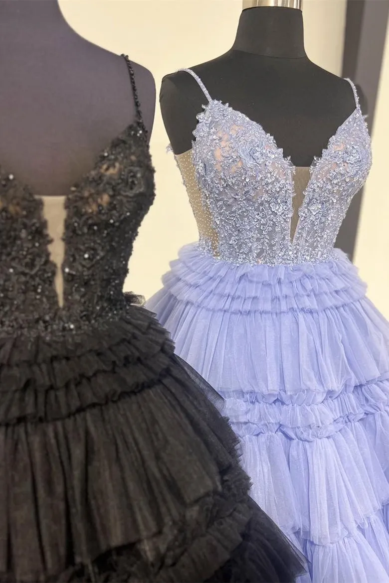Straps Plunging Sleeveless Ruffle Tiered Cupcake Tulle Long Ball Gown, Beaded Lace