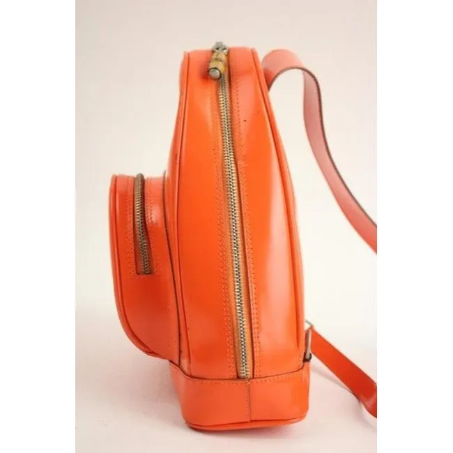 Tom Ford era, Gucci, petite, bright orange patent leather and smooth leather, triangular, messenger bag or backpack with a dual zip closure