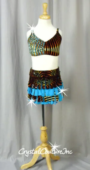 Turquoise Blue/Brown/Black Animal Print 2 Piece - Swarovski Rhinestones